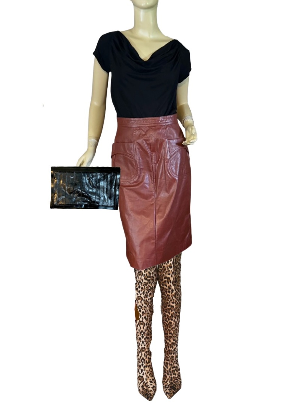 VINTAGE 1970'S WHISKEY BROWN GENUINE LEATHER MIDI SKIRT (M)